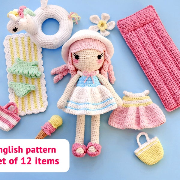 Haakpatroon Sunny Doll en het strand (set van 12 items) Kawaii schattige zomer gehaakte pop Amigurumi pop krullend haar gehaakt badpak