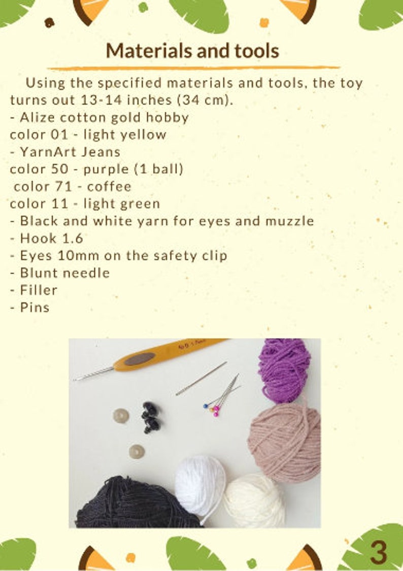 May include: Materials for crocheting a toy, including yarn in purple, beige, white, and black, a crochet hook, safety eyes, pins, and a blunt needle. The yarn is labeled "YarnArt Jeans" and the crochet hook is labeled "1.6".