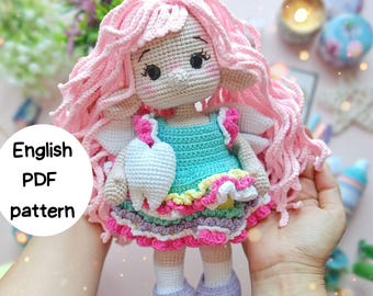 Crochet Tooth Fairy Doll Pattern, Amigurumi Tooth Fairy Toy, PDF ENG Pattern, Toothbrush, toothpaste, and tooth crochet pattern