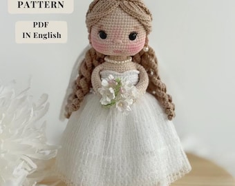 Crochet doll pattern PDF in English crochet bride pattern amigurumi  in  dress wedding