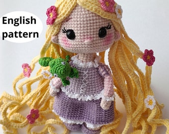 Сrochet amigurumi pattern Doll Princess with long hair with chameleon PDF English pattern doll diy crochet doll pattern amigurumi doll