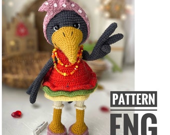 Amigurumi crochet pattern crow in dress PDF English pattern cute bird crow in red dress