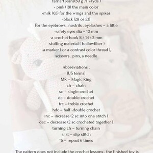 May include: Crochet pattern instructions for making a small stuffed toy bear. The pattern includes a list of materials needed, including yarn, crochet hook, safety eyes, stuffing, and a marker. The pattern also includes abbreviations for crochet stitches. The finished toy is about 8.66 inches tall.
