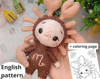 Crochet Scorpio Amigurumi Pattern: Zodiac Horoscope Doll (PDF ENG Pattern)  bonus coloring page