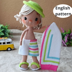 Сrochet amigurumi pattern Serf Boy Doll PDF English Amigurumi Doll Crochet Doll Shorts Hat Flip flops Surfboard