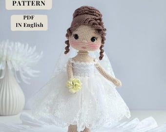Patrón de muñeca de novia a crochet, amigurumi inglés (PDF)