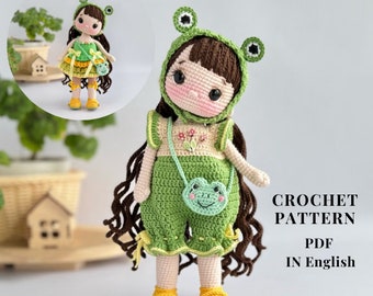Crochet frog doll PATTERN PDF in English crochet pattern amigurumi doll stuffed doll pattern amigurumi toy  a doll in a frog costume a doll