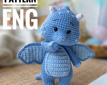 Amigurumi crochet pattern blue dragon PDF English pattern Water dragon toy