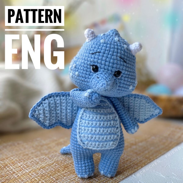 Amigurumi crochet pattern blue dragon PDF English pattern Water dragon toy