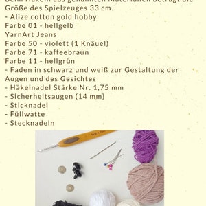 May include: Materials needed for crocheting a toy: yarn in various colors, including purple, brown, white, and black, a crochet hook, safety eyes, stuffing, and needles.