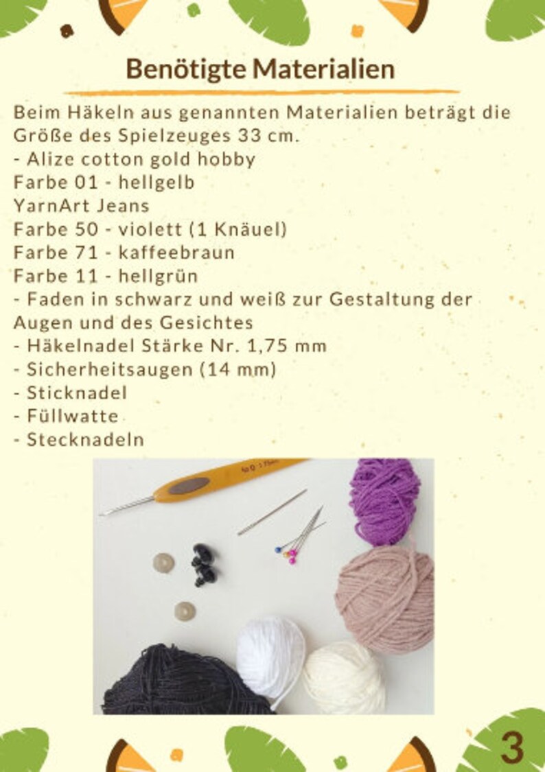 May include: Materials needed for crocheting a toy: yarn in various colors, including purple, brown, white, and black, a crochet hook, safety eyes, stuffing, and needles.