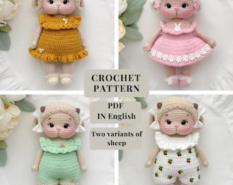 Lamb crochet pattern  PDF in English file with description of the amigurumi lamb doll crochet pattern for a lamb sheep in jumpsuits and dres