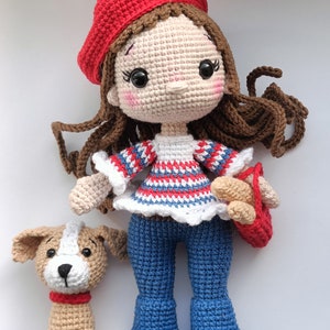 Сrochet amigurumi pattern French girl doll in beret and dog and bag with baguettes PDF English stuffed doll pattern amigurumi doll in dress zdjęcie 9