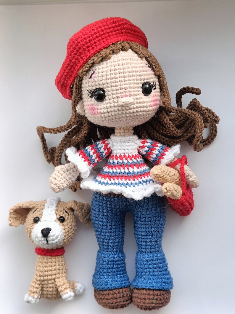 Сrochet amigurumi pattern French girl doll in beret and dog and bag with baguettes PDF English stuffed doll pattern amigurumi doll in dress image 9