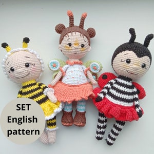 Crochet amigurumi pattern Set 3 in 1 Butterfly Bee Ladybud doll PDF ENGLISH pattern Crochet crochet top pattern doll diy crochet doll