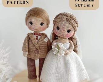 Set 2 in 1 Crochet doll pattern PDF in English amigurumi wedding bride and groom apersonalized wedding gifts  step-by-step guid