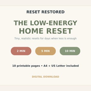 Może przedstawiać: Grafika do pobrania cyfrowego zatytułowana RESET RESTORED THE LOW-ENERGY HOME RESET. Zawiera trzy zaokrąglone przyciski z etykietami 2 MIN, 5 MIN i 10 MIN w kolorze czerwonym, beżowym i zielonym. Tekst zawiera Tiny, realistic resets for days when less is enough oraz 10 printable pages A4 + US Letter included.