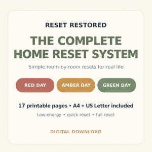 Może przedstawiać: Cyfrowy plik do pobrania zatytułowany RESET RESTORED THE COMPLETE HOME RESET SYSTEM z tekstem Simple room-by-room resets for real life. Zawiera trzy przyciski z napisami RED DAY, AMBER DAY, GREEN DAY, 17 stron do druku, formaty A4 i US Letter.