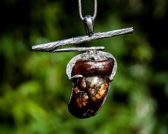 Acorn Pendant - Natural Fire Agate Necklace - Positive Energy Talizman - Forest Lover Jewerly - Oxidized Silver Stone Frame - Mage Amulet