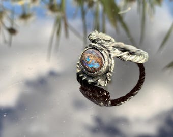 Natural Boulder Opal Ring - Oxidized Sterling Silver Rope Forest Jewerlly - Australian Gemstone - Artisan Design, Rustic  - Vintage Syle