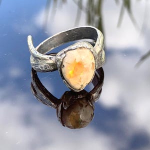 Oxidized Sterling Silver Ring with Mexican Cantera Opal – Size 10 | Handmade 925 Silver Statement Ring | Rustic Boho Gemstone Jewelry
