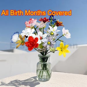 Geblasene Glasblumen, Glas-Geburtsblumen, Glasblumensträuße, Metall- und Glasblumen, Geburtstagsgeschenke, handgemachte Glasblume