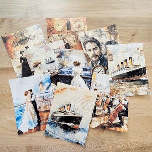 May include: A collection of vintage-style postcards featuring illustrations of the Titanic, romantic couples, and portraits. The postcards have a sepia-toned color scheme with aged paper textures, clocks, and handwritten script.