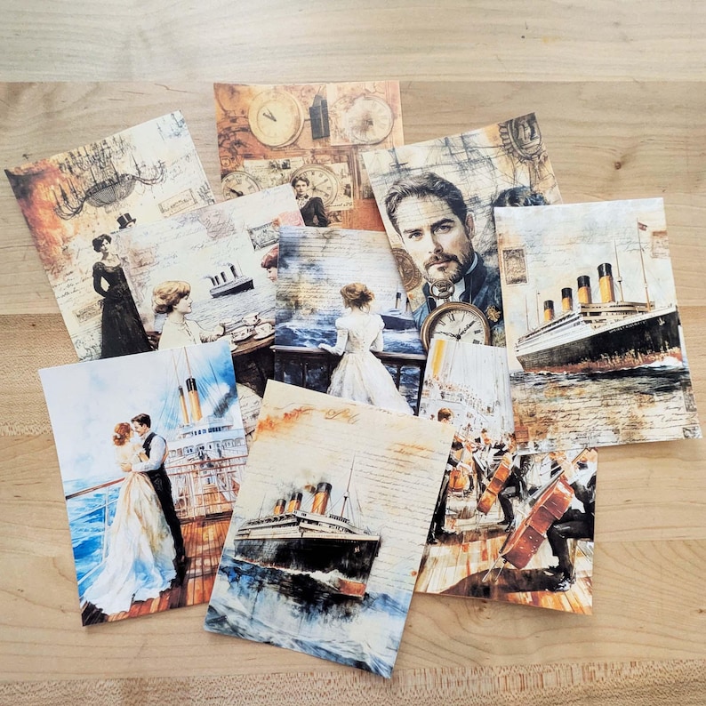 May include: A collection of vintage-style postcards featuring illustrations of the Titanic, romantic couples, and portraits. The postcards have a sepia-toned color scheme with aged paper textures, clocks, and handwritten script.