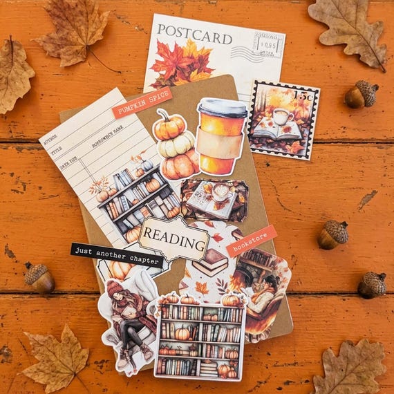 Vintage-Style Fall Reading Day Ephemera: Junk Journal, Cardstock Scrapbook Scraps, Autumn Book Lover, Cardmaking (146)