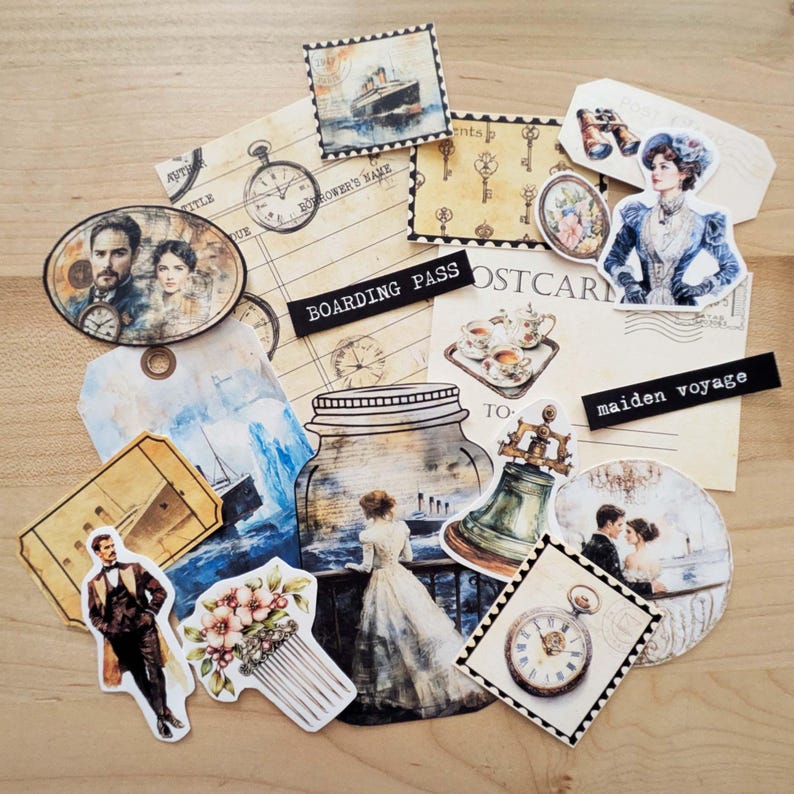 May include: A collection of vintage-style ephemera, including postcards, tags, and stickers. The designs feature images of ships, clocks, and people in period clothing. The words "BOARDING PASS" and "maiden voyage" are visible.