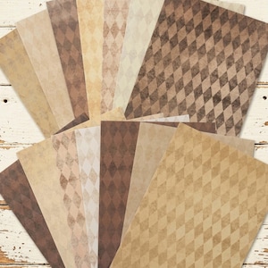 May include: A collection of rectangular paper sheets featuring various diamond patterns in shades of brown, tan, beige, and cream. The designs include distressed textures and harlequin motifs, with some sheets showing darker brown diamonds and others lighter.