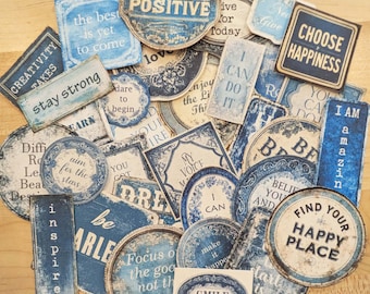Vintage-Style Blue Inspirational Word Ephemera: Junk Journal, Cardstock Scrapbook Scraps, Grunge Motivation, Cardmaking (040)
