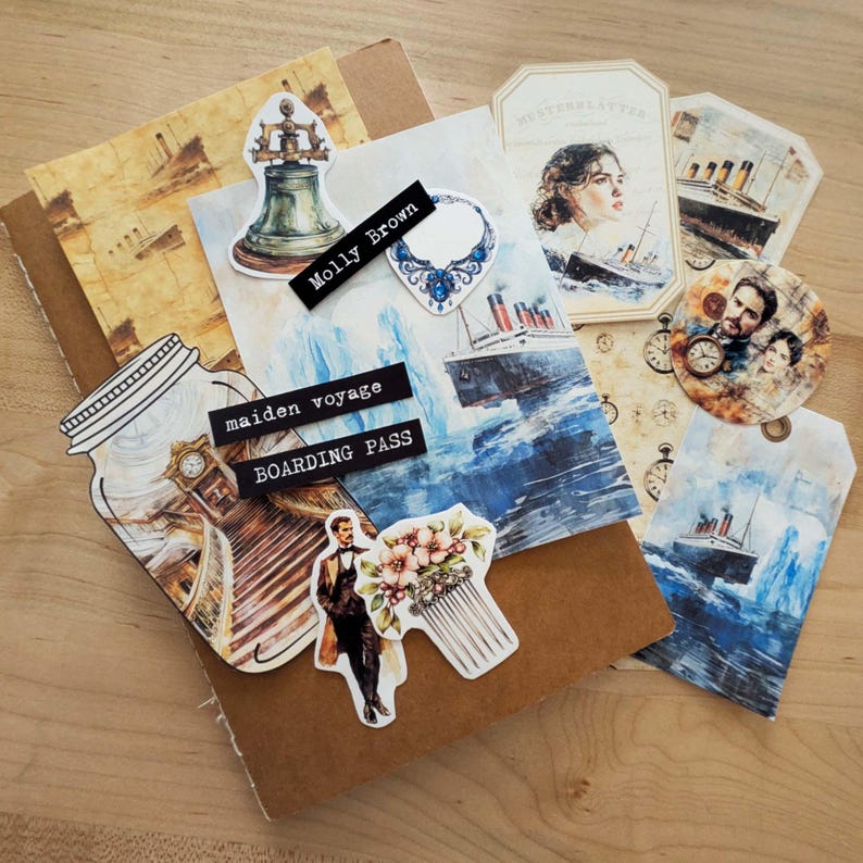 May include: A collection of vintage-style paper ephemera with a nautical theme. Includes images of a ship, a woman, and a man, along with the words "Molly Brown", "maiden voyage", and "boarding pass". The color palette is primarily brown, blue, and white.