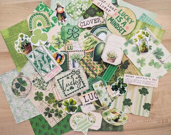 Vintage-style St. Patrick's Day Scrapbook Collection: Holiday Junk Journal, Paper and Ephemera, Four Leaf Clover Scraps (078)