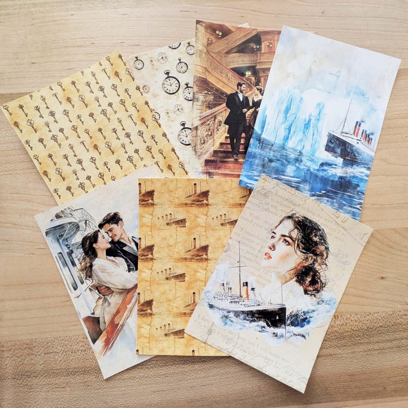 May include: A collection of vintage-style postcards featuring imagery from the Titanic. The postcards display illustrations of the ship, couples, and decorative patterns of keys and clocks. The color palette includes sepia tones and blue hues.