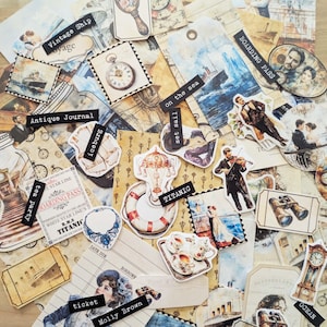 May include: A collection of vintage-themed ephemera, including stickers, tags, and paper cutouts. The items feature images of ships, clocks, and people, with text such as "Titanic", "Boarding Pass", and "Molly Brown". The color palette includes sepia tones and muted colors.