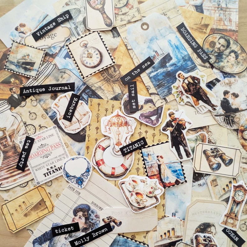 May include: A collection of vintage-themed ephemera, including stickers, tags, and paper cutouts. The items feature images of ships, clocks, and people, with text such as "Titanic", "Boarding Pass", and "Molly Brown". The color palette includes sepia tones and muted colors.