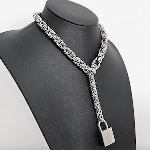 Locking Byzantine Chainmail Y Necklace - Stainless Steel Interlocking Slip Chain Choker