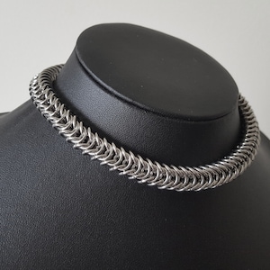 Box Weave Chainmail Link Choker Necklace - Stainless Steel Modern Industrial Chain Collar