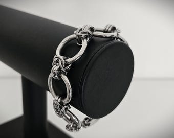 Chunky Stainless Steel Byzantine Accent O-Ring Bracelet - Gothic Chainmail Statement Cuff