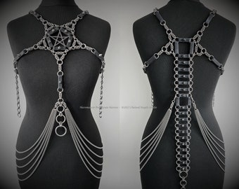 Necromancer Pentagram Harness – Studded Cork and Stainless Steel Gothic Chainmail Body Chain