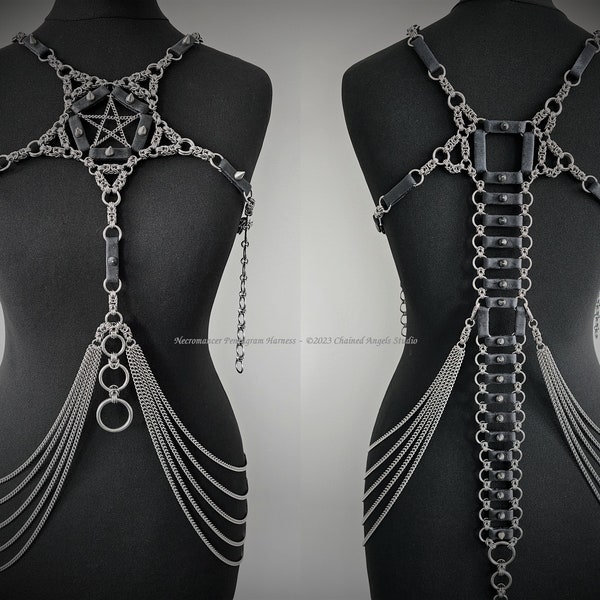 Necromancer Pentagram Harness – Studded Cork and Stainless Steel Gothic Chainmail Body Chain