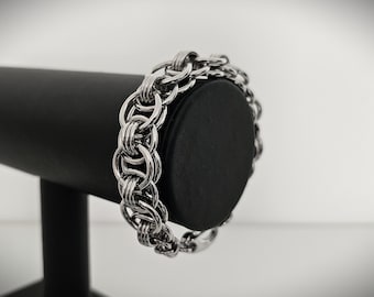 Chunky Stainless Steel Helm Weave Chainmail Bracelet - Thick Gothic Chain Cuff