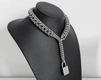 Locking Persian Chainmail Y Necklace - Thick Stainless Steel Padlock Statement Choker
