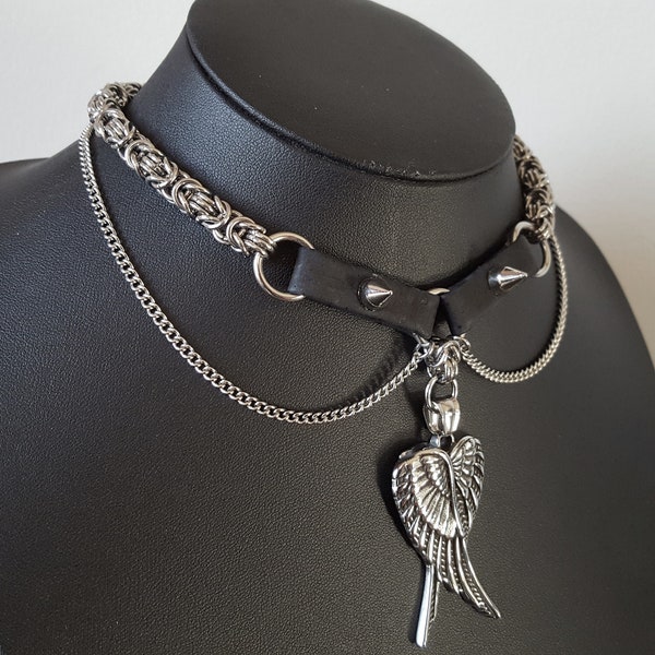 Chained Angel - Stainless Steel Angel Wings Pendant Choker - Studded Vegan Cork Leather Gothic Chain Choker