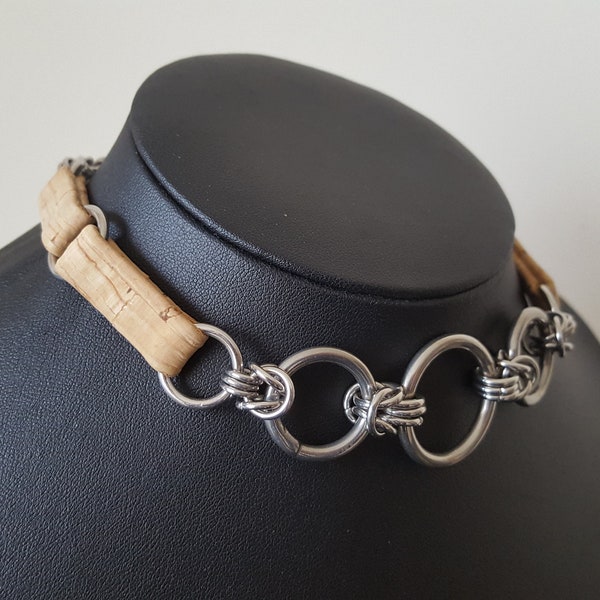 Vegan Cork Leather Triple O-Ring Choker - Sustainable Faux Leather / Stainless Steel Collar - Natural Finish