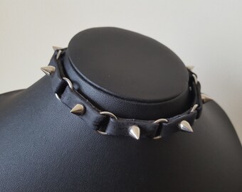 Studded Vegan Cork Leather and Stainless Steel Choker - Sustainable Faux Leather Collar - Charcoal Finish