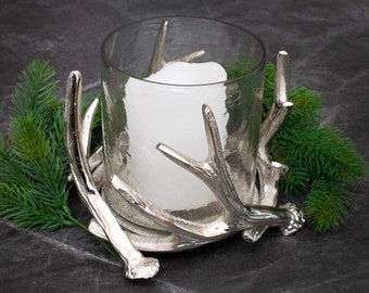 Windlicht Geweih mit Glaseinsatz Kerzenhalter Glaswindlicht Metall Silber D=16cm