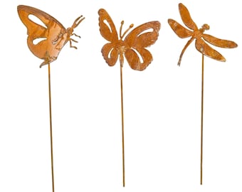 Metall Stecker Schmetterlinge und Libelle Edelrost Rostfigur H=ca. 60 cm 3er Set