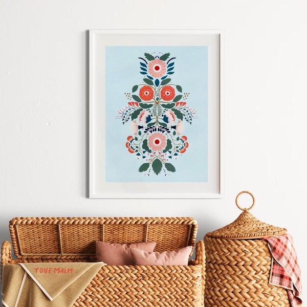 Scandinavian Kurbits Pink Red and Blue Flower Poster, Bright Boho Floral Print, Traditional Folk Art Design, Colorful Home Decor